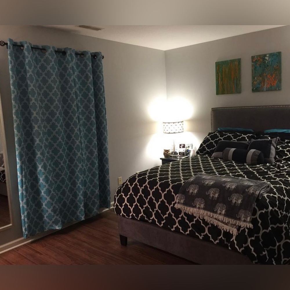 One Set of Teal Patterned Curtains